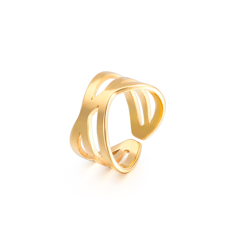 4 Pcs Gold Plated Stainless Steel Open Rings Set for Women, Stackable Minimalist Band Rings, Dainty CZ Chevron/Lightning/Wave Design Statement Jewelry