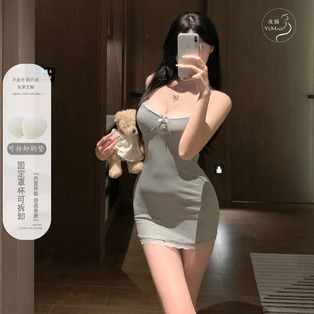 情趣内衣纯欲风带胸垫吊带睡裙女性感蕾丝拼接包臀裙修身短裙