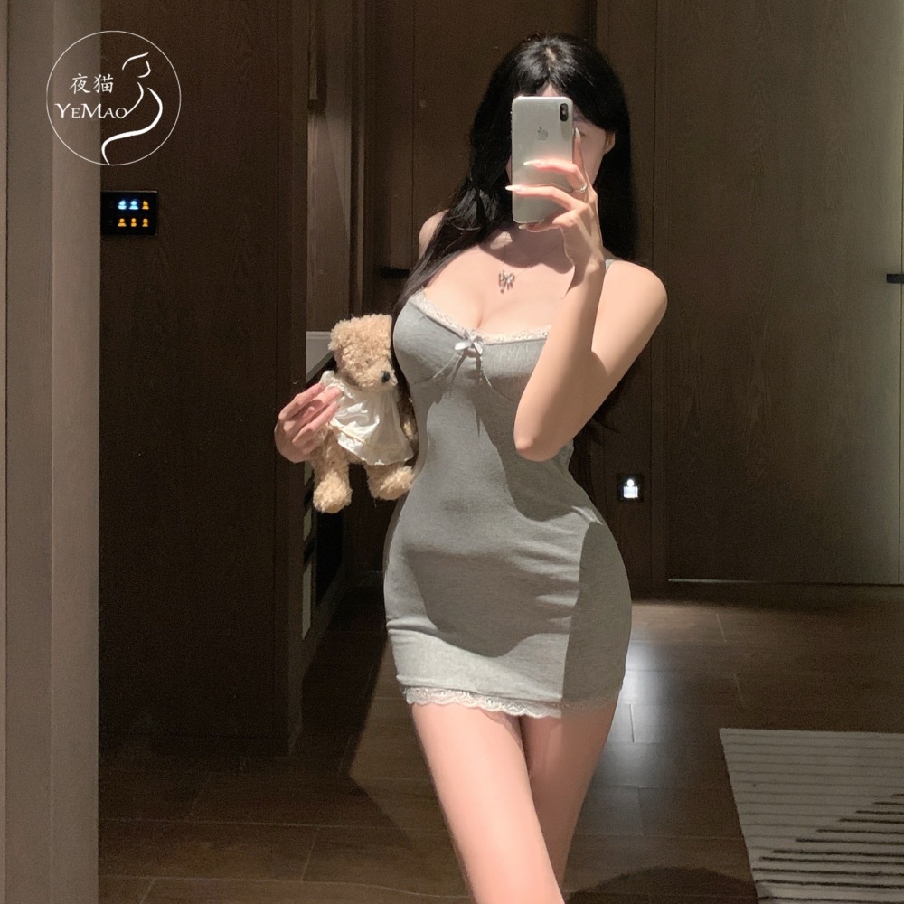 情趣内衣纯欲风带胸垫吊带睡裙女性感蕾丝拼接包臀裙修身短裙