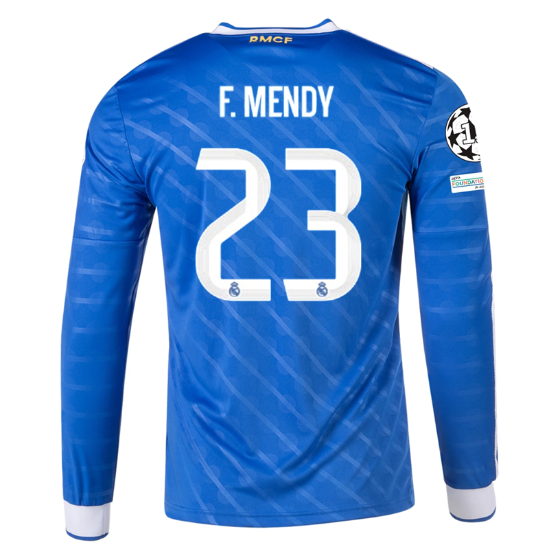 adidas Men's Real Madrid Fran Garcia Long Sleeve Third Jersey w/ Champions League Patches 25/26 (Blue/White)