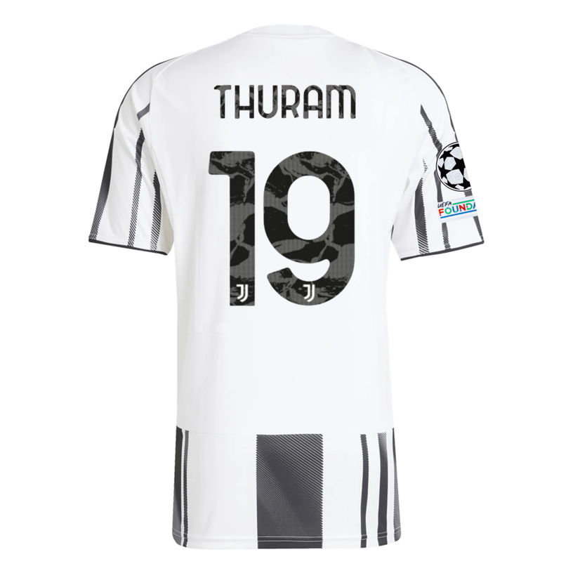 adidas Juventus Kalulu Home Jersey w/ Champions League Patches 25/26 (White/Black/Pink)