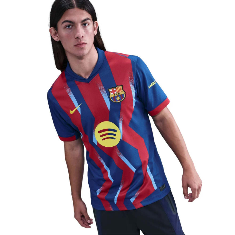 Nike Men's FC Barcelona Olmo 4th Jersey 25/26 w/ La Liga Patches (Blue/Red/Yellow)