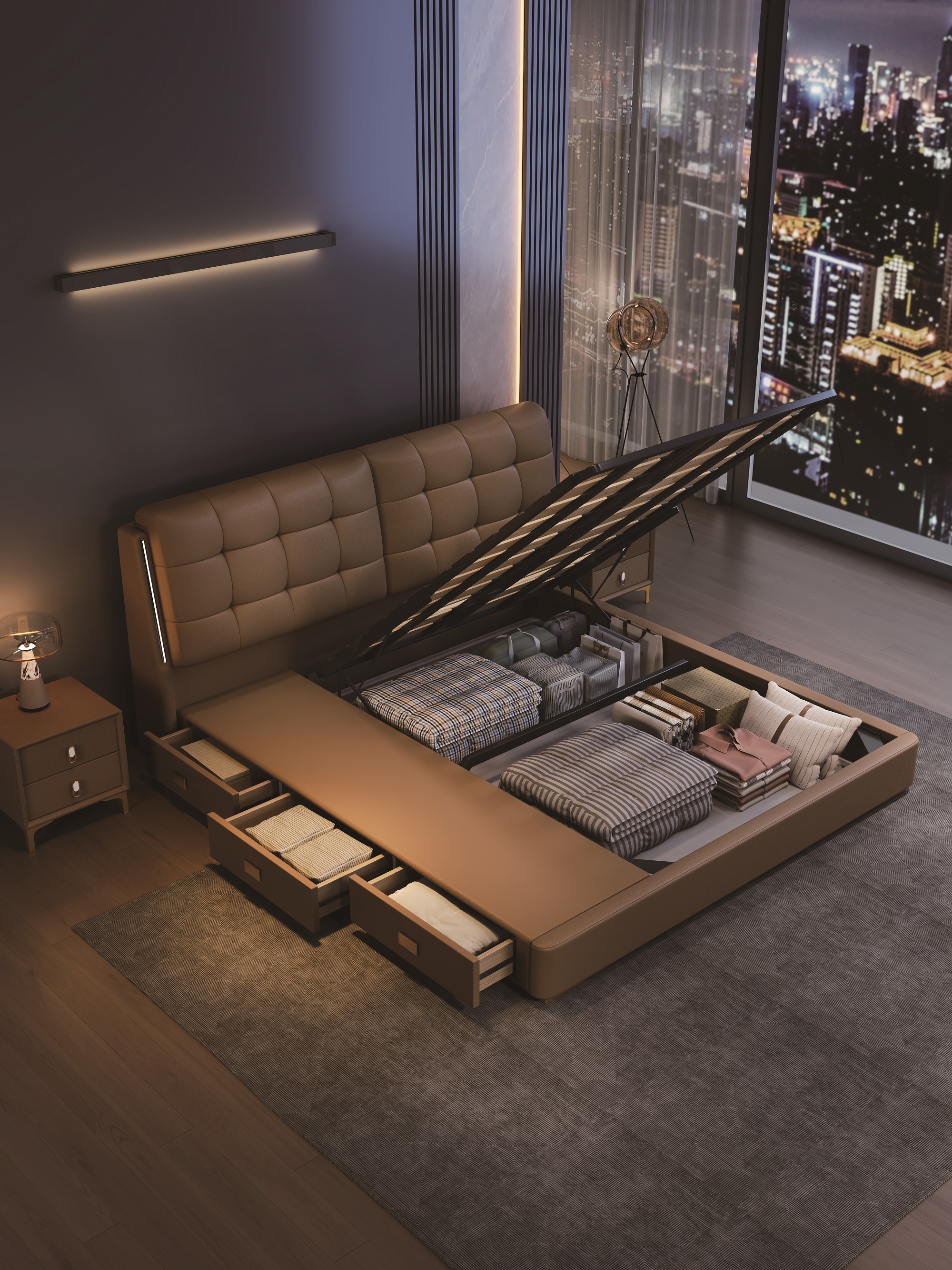Modern Style Double Beds Wooden Queen Bed Frame Luxury Bed Multi-functional Storage Compartments Storage Lockers Bed 809