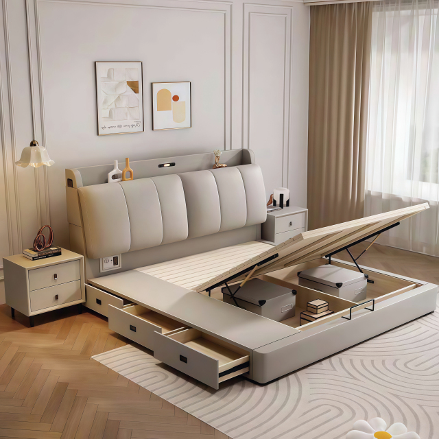 Modern Style Double Beds Wooden Queen Bed Frame Luxury Bed Multi-functional Storage Compartments Storage Lockers 363
