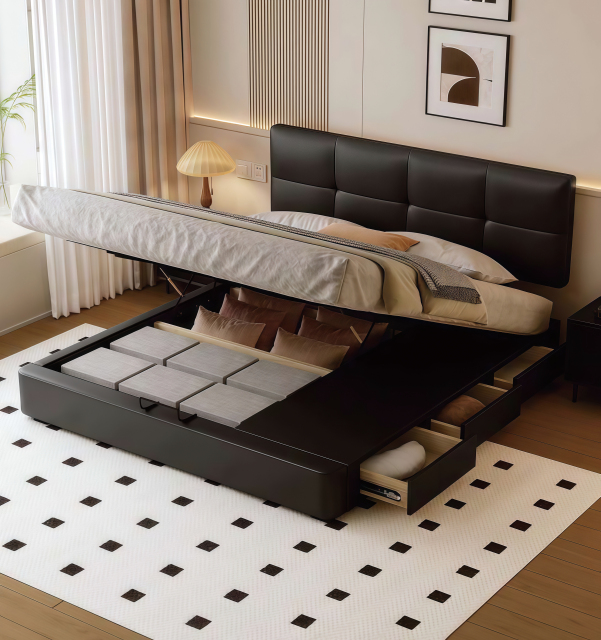 Nordic Tatami Style Bed French Style Double Beds Wooden Queen Bed   009