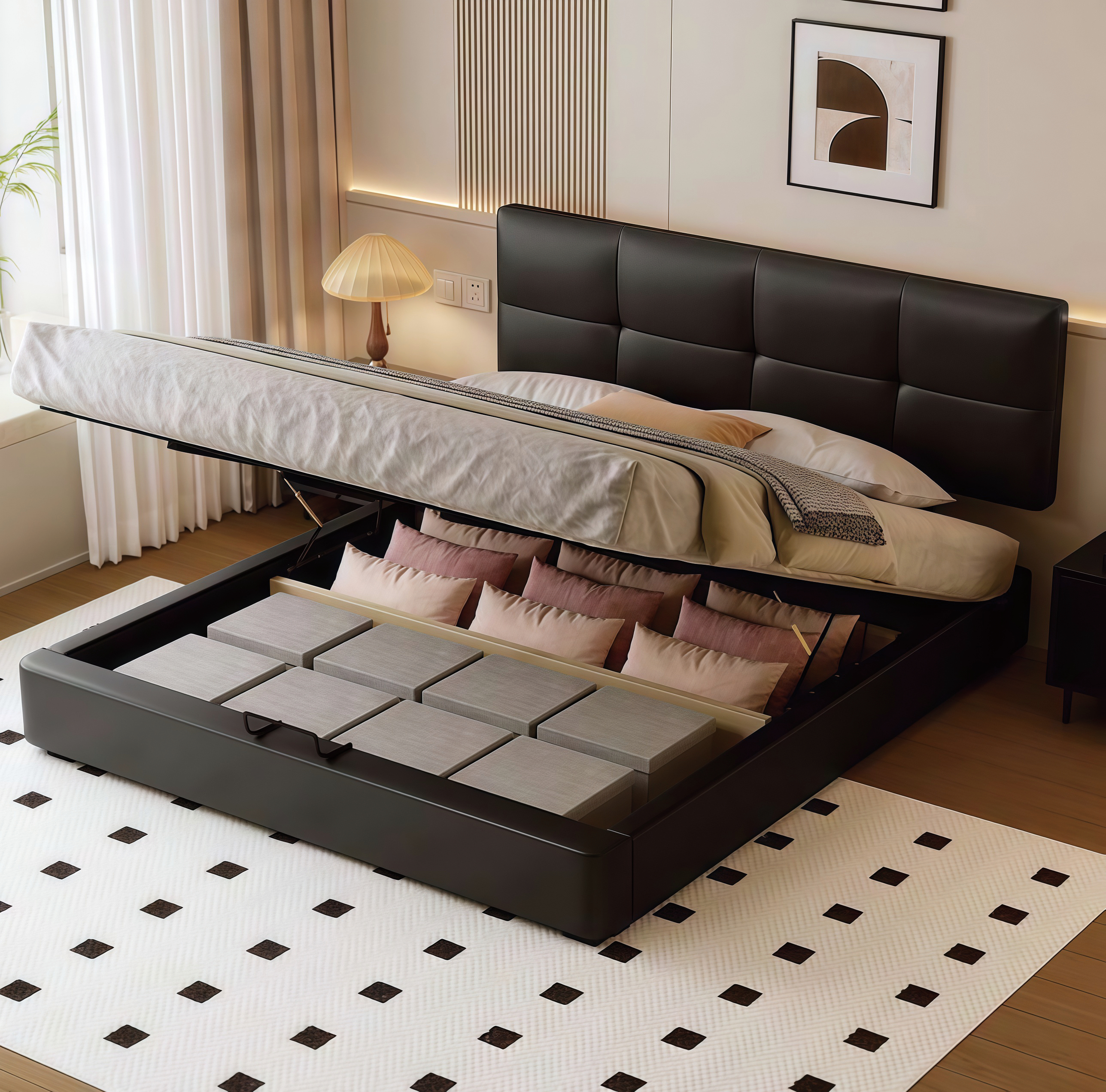 Nordic Tatami Style Bed French Style Double Beds Wooden Queen Bed   009