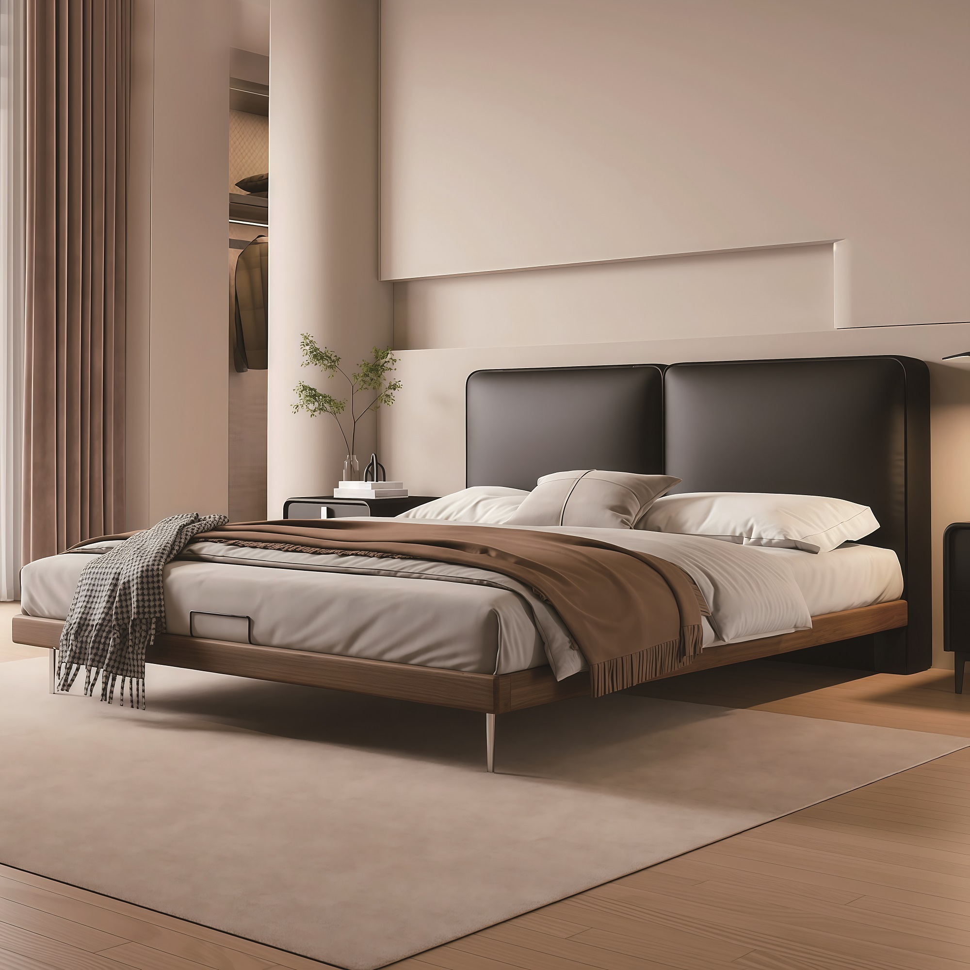 Modern Style Double Beds Wooden Queen Bed Frame Luxury Bed 605 (Mid-century modern)big black ox