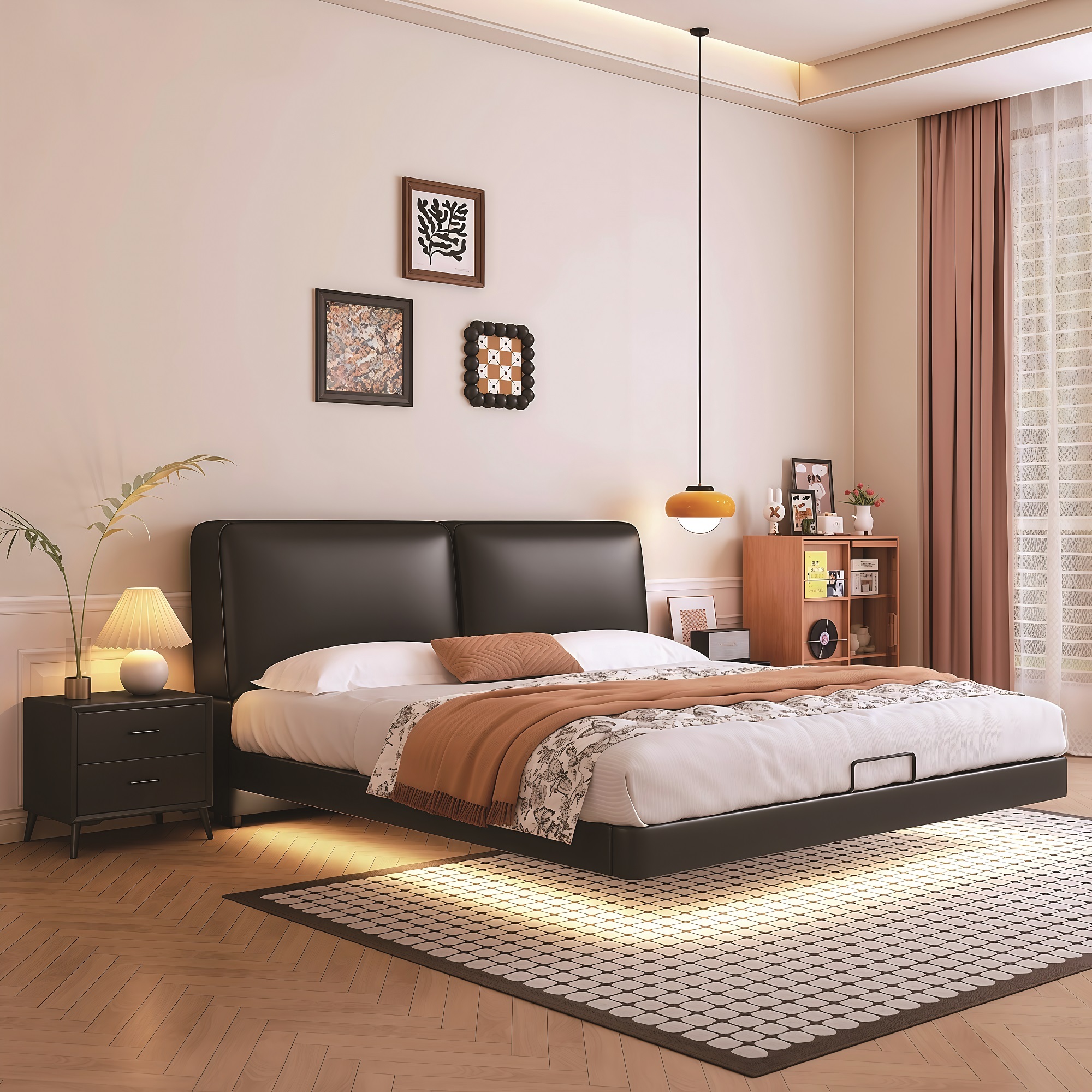 Modern Style Double Beds Wooden Queen Bed 605 (floating bed) big black ox