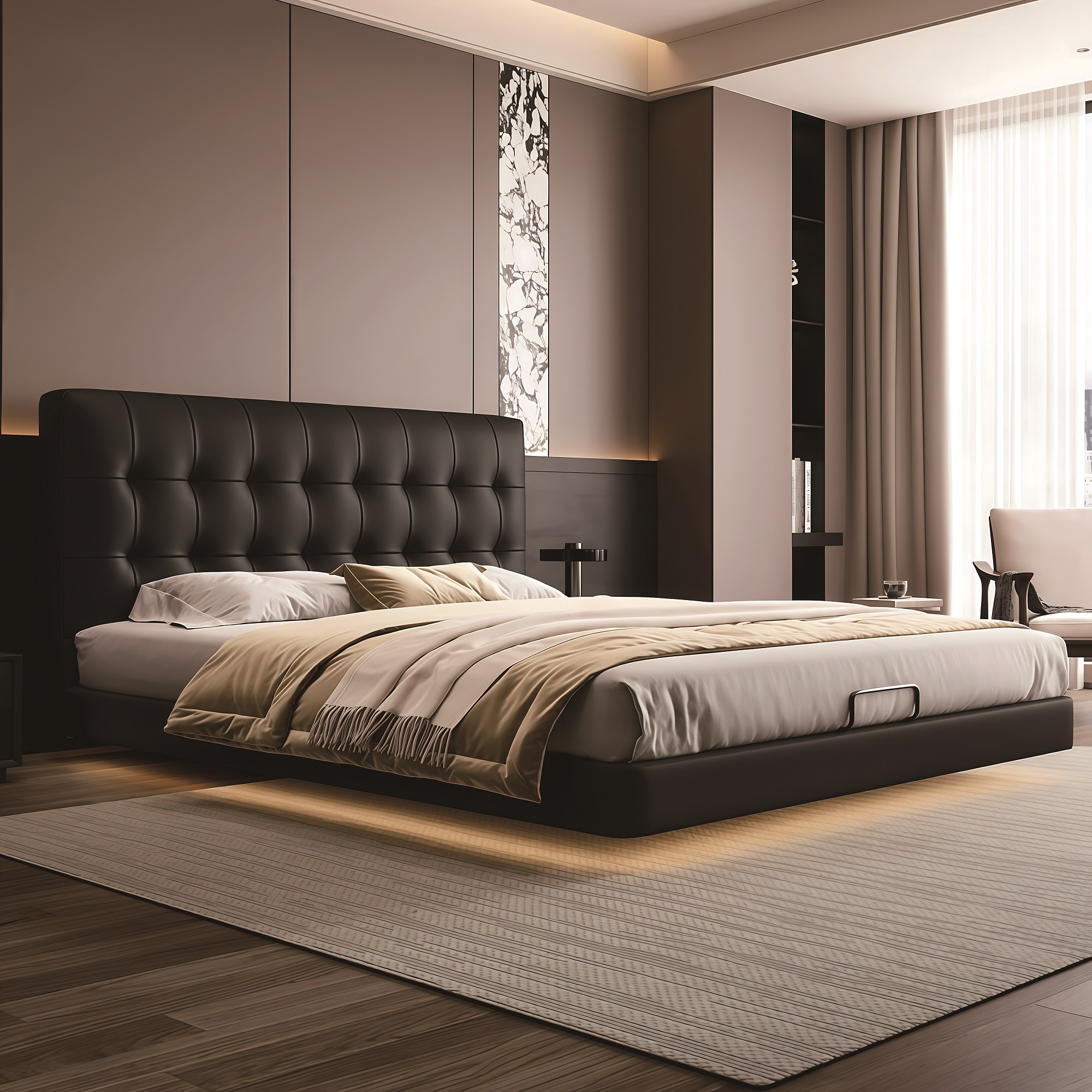Modern Style Double Beds Wooden Queen Bed 801 (floating bed)waffle pattern