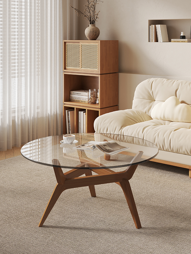 Solid Wood Tempered Glass Nordic Style Coffee Table 035