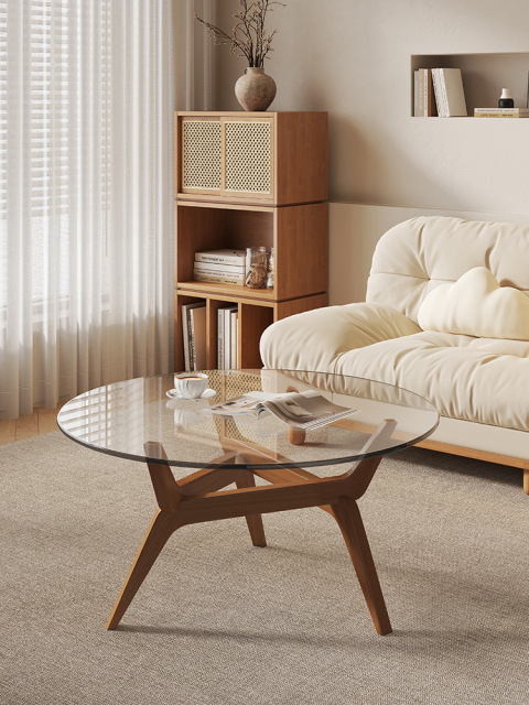 Solid Wood Tempered Glass Nordic Style Coffee Table 035