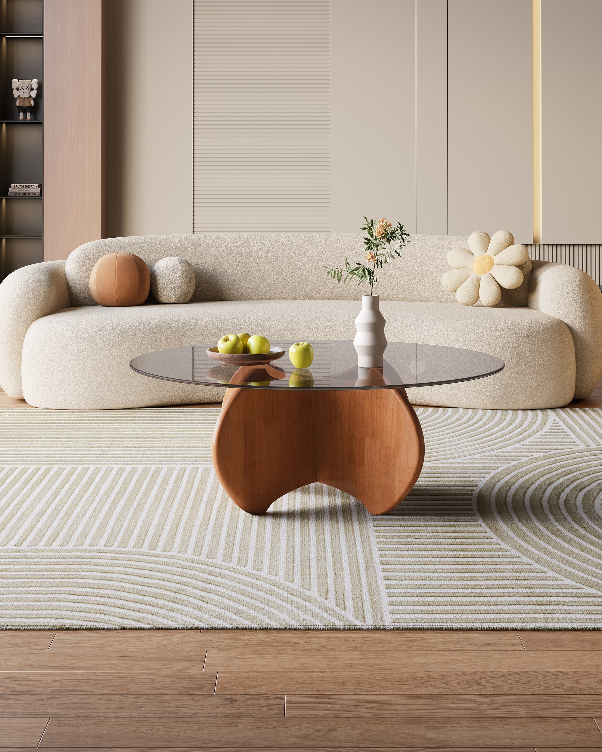 Mid-Century Style Rubberwood Tempered Glass Coffee Table 042 045