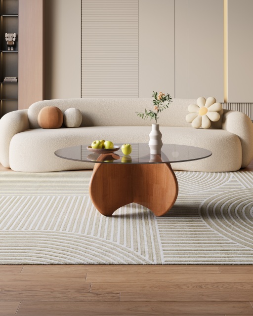 Mid-Century Style Rubberwood Tempered Glass Coffee Table 042 045