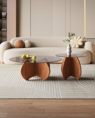 Mid-Century Style Rubberwood Tempered Glass Coffee Table 041 043