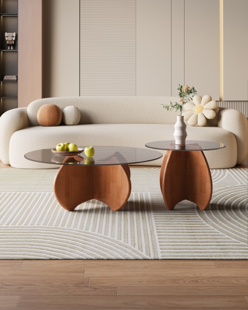 Mid-Century Style Rubberwood Tempered Glass Coffee Table 041 043