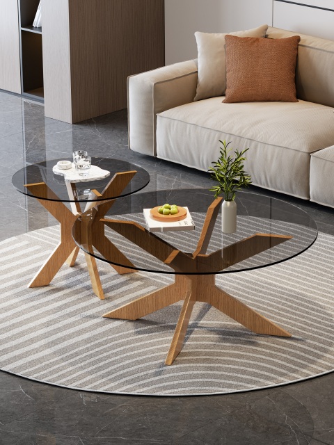 Mid-Century Style Multi-Ply Wood Tempered Glass Table 051 053