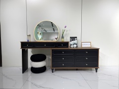 Retro Black Vanity Set with LED Round Mirror, Storage Cabinet & Fluffy Stool - Modern Bedroom Dressing Table for Wholesale 941#