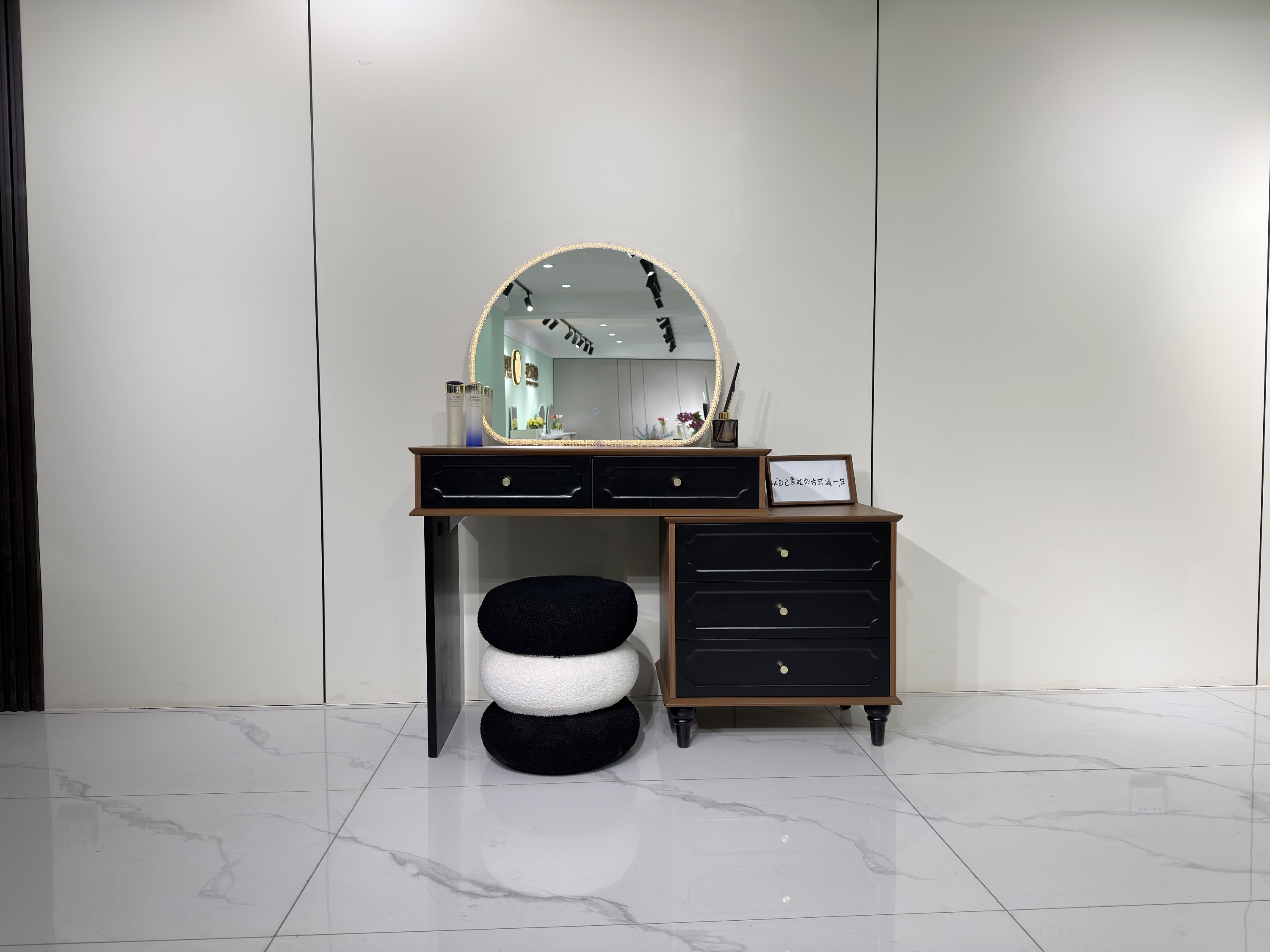 Vintage Black & Wood Vanity Set with LED Oval Mirror, 5 Drawers & Fluffy Stool - Retro Bedroom Dressing Table for Wholesale