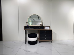 Vintage Black & Wood Vanity Set with LED Oval Mirror, 5 Drawers & Fluffy Stool - Retro Bedroom Dressing Table for Wholesale