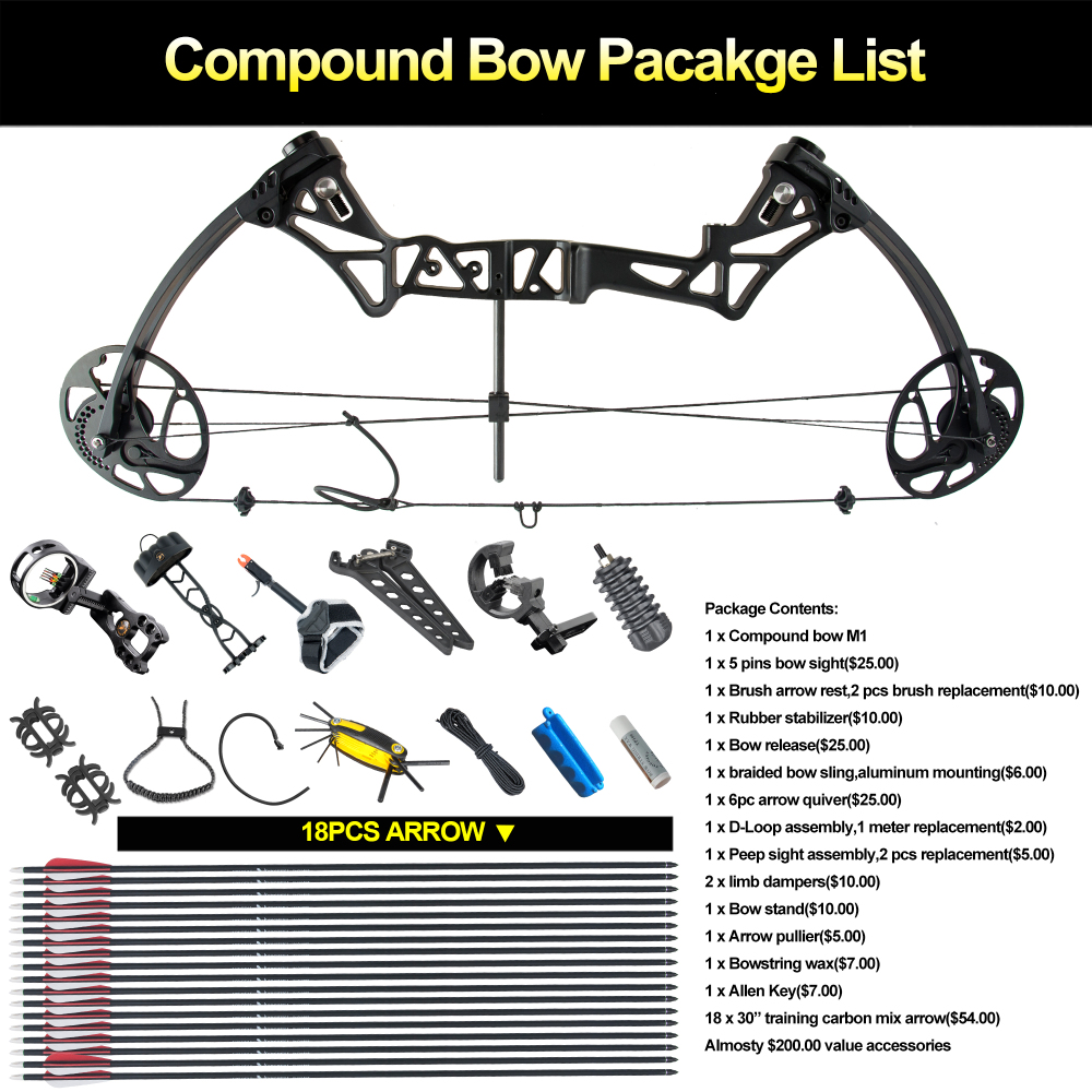 TOPOINT ARCHERY M1 Compound Bow Package , 19"-30" Draw Length,19-70Lbs Draw Weight,320fps IBO LIMBS MADE IN USA