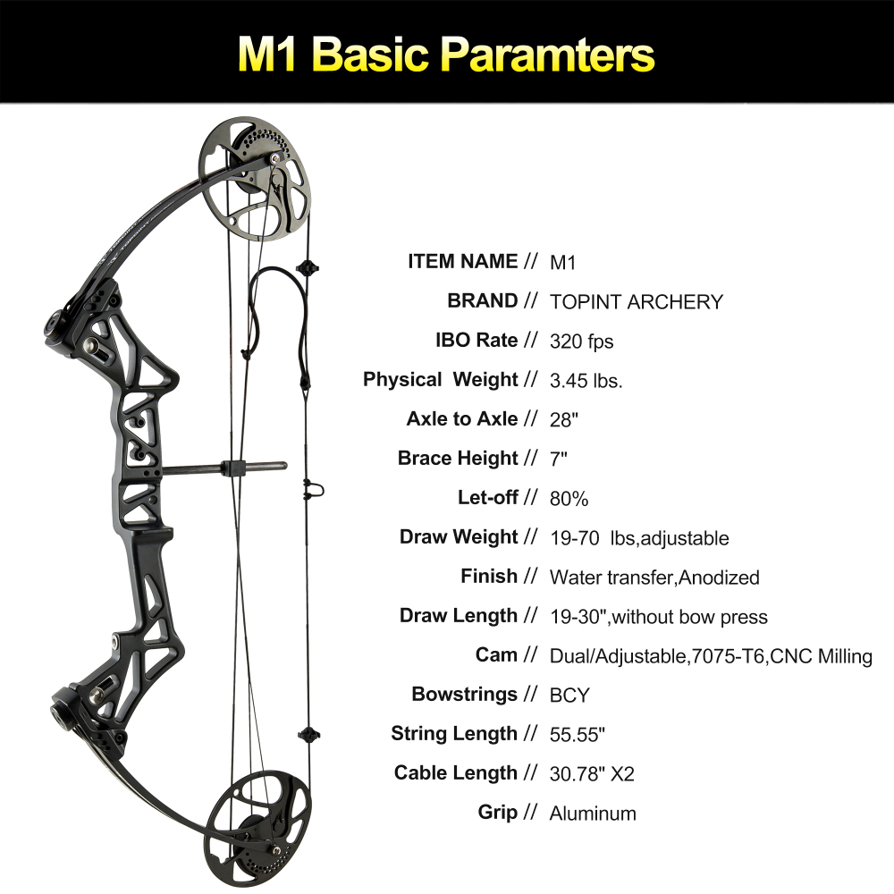 TOPOINT ARCHERY M1 Compound Bow Package , 19"-30" Draw Length,19-70Lbs Draw Weight,320fps IBO LIMBS MADE IN USA