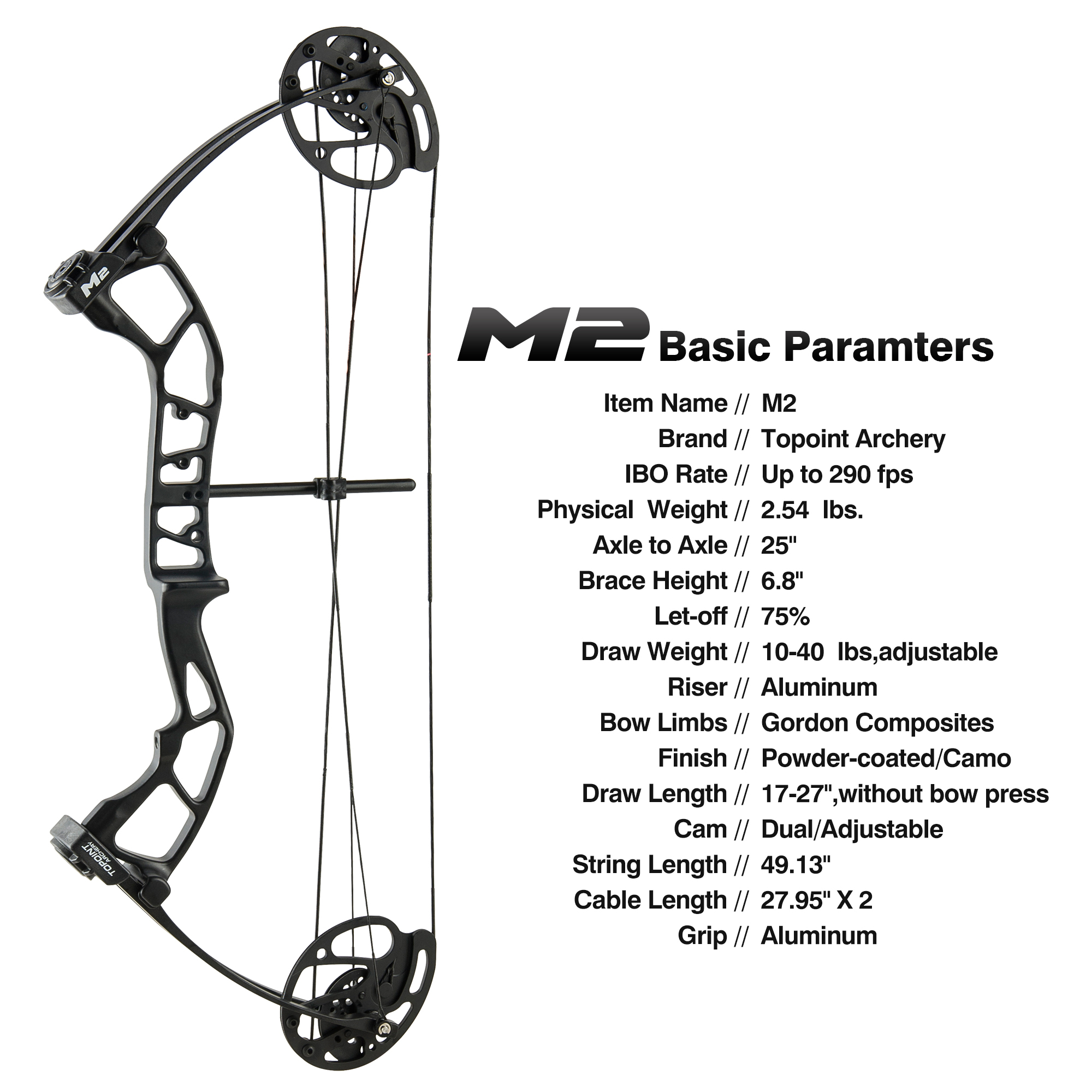 TOPOINT ARCHERY M2 Junior Compound Bow Set Beginners,Youth&Kids Bow Women Bow 17"-27" Draw Length,10-40Lbs Draw Weight,290fps IBO, Limbs Made in USA,B