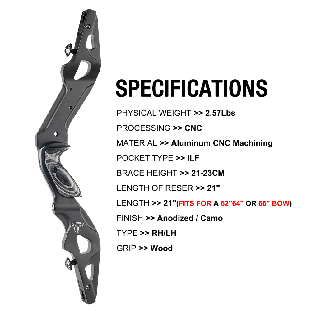 TOPOINT ARCHERY SLITHER 21" Recurve Bow Riser Aluminum CNC Machining Bow Riser American Hunting Bow Handle Right Handed for Archery Bow Hunting Target