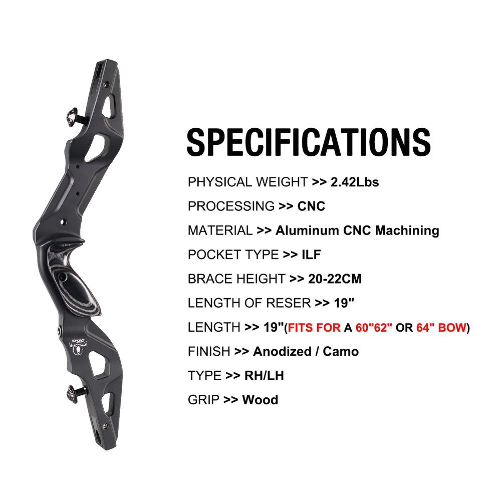 TOPOINT ARCHERY SLITHER 19" Recurve Bow Riser Aluminum CNC Machining Bow Riser American Hunting Bow Handle Right Handed for Archery Bow Hunting Target