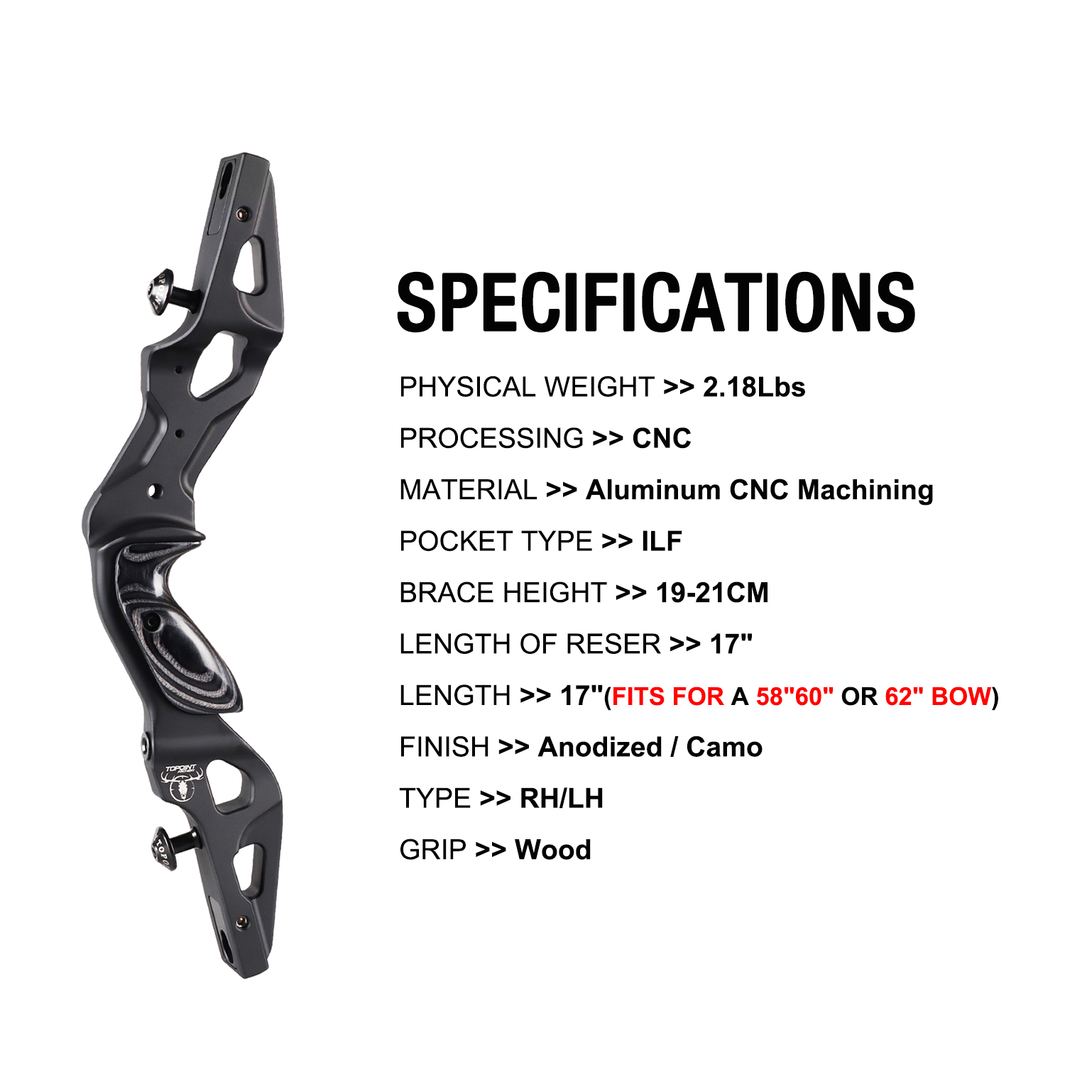 TOPOINT ARCHERY SLITHER 17" Recurve Bow Riser Aluminum CNC Machining Bow Riser American Hunting Bow Handle Right Handed for Archery Bow Hunting Target