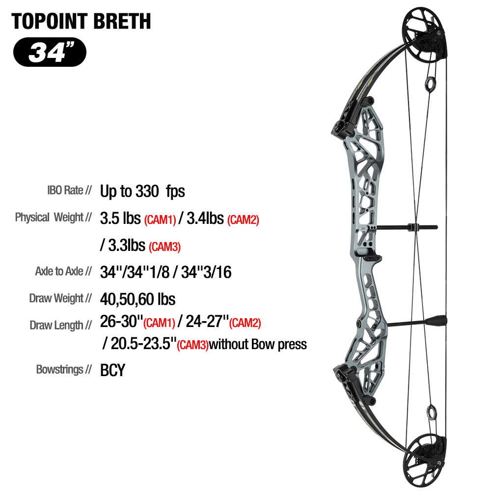 2026 TOPOINT ARCHERY Breth 34  Target Compound Bow, Axle-Axle 34'',DW30-40/40-50LB/50-60LB,DL26-30''/24-27"/20.5-23.5"
