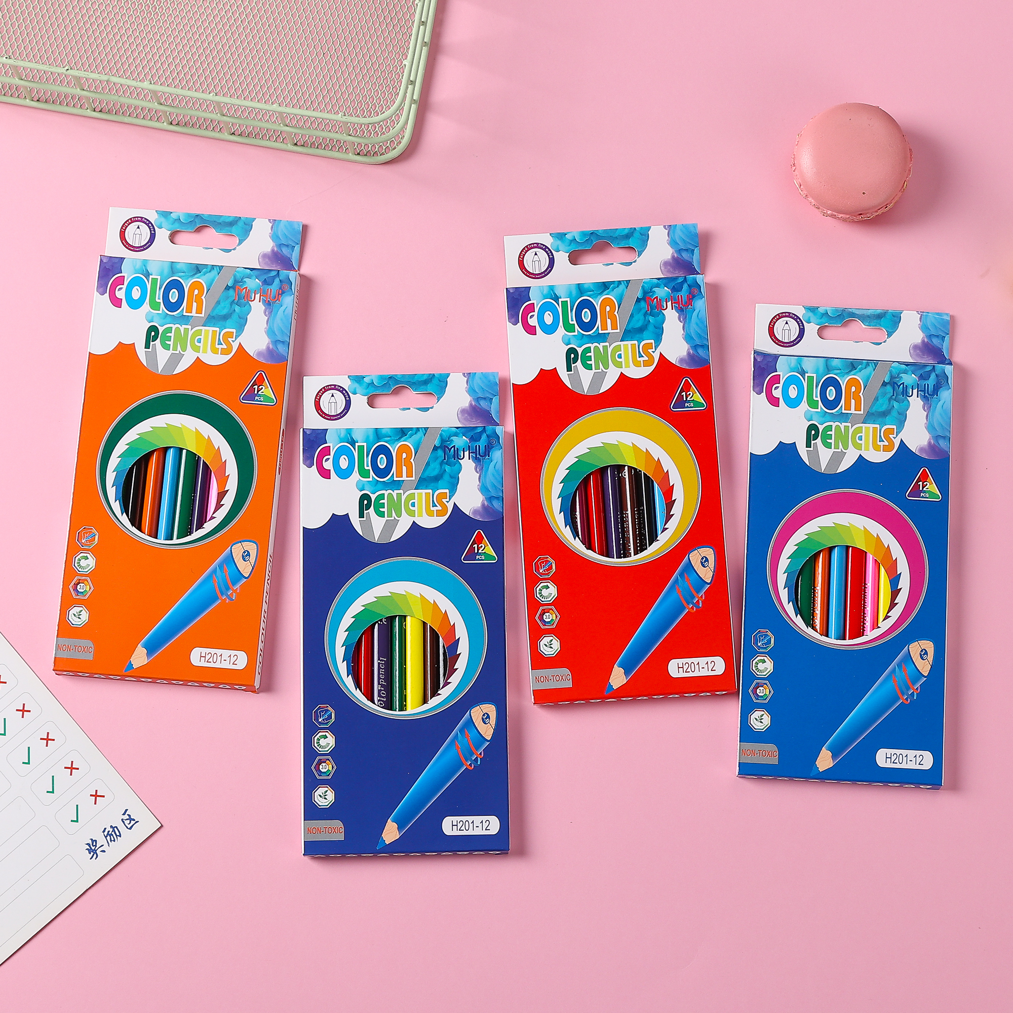 Muhui 12 color hexagonal pole poplar wood children's writing and painting color lead four cartoon color box packaging