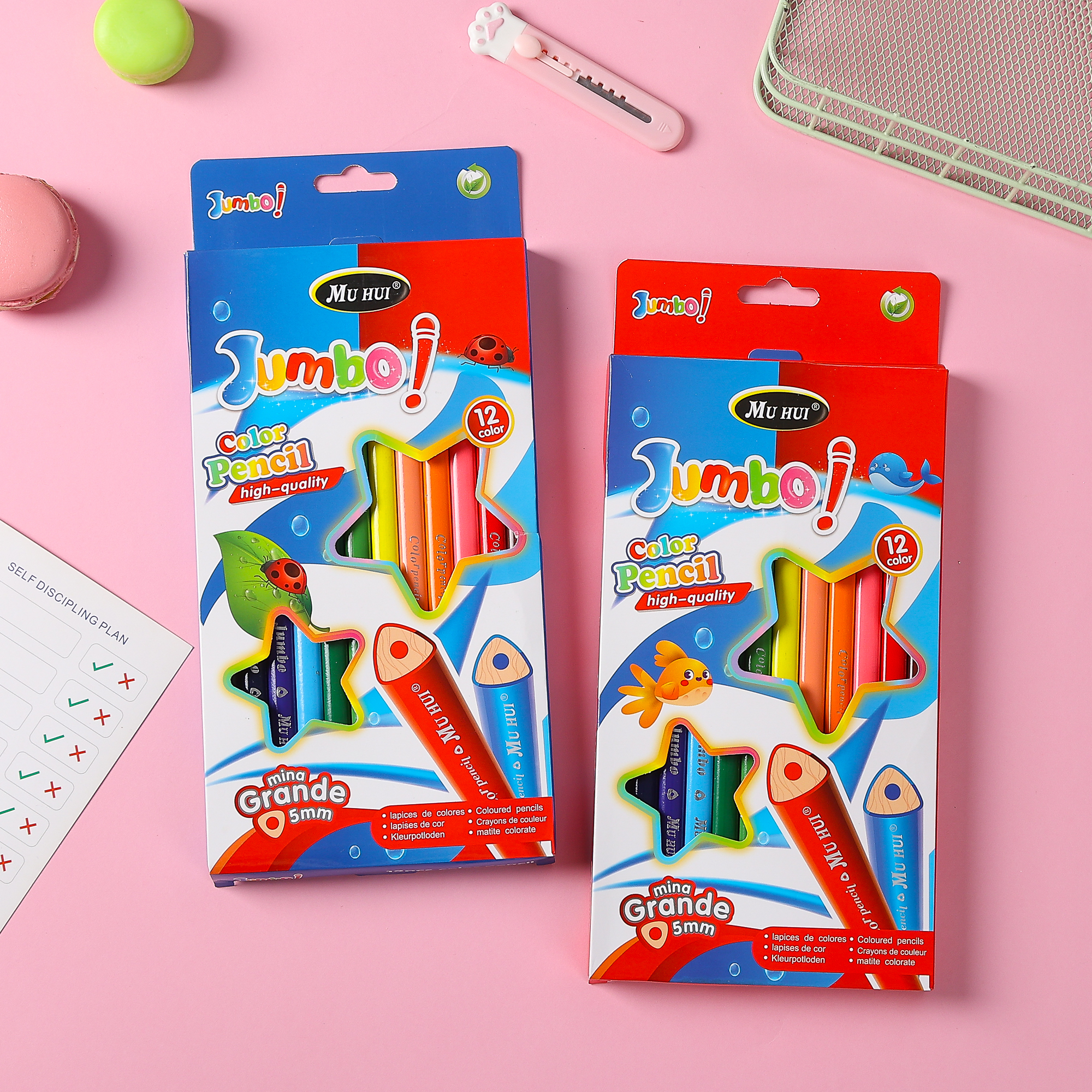 Muhui 12 color bold triangular pole softened wood 5.0mm lead pencil box packaging for children's writing and drawing