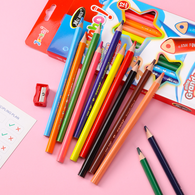 慕慧12色粗三角杆软木5.0mm铅芯铅笔盒包装，适用于儿童书写和绘画