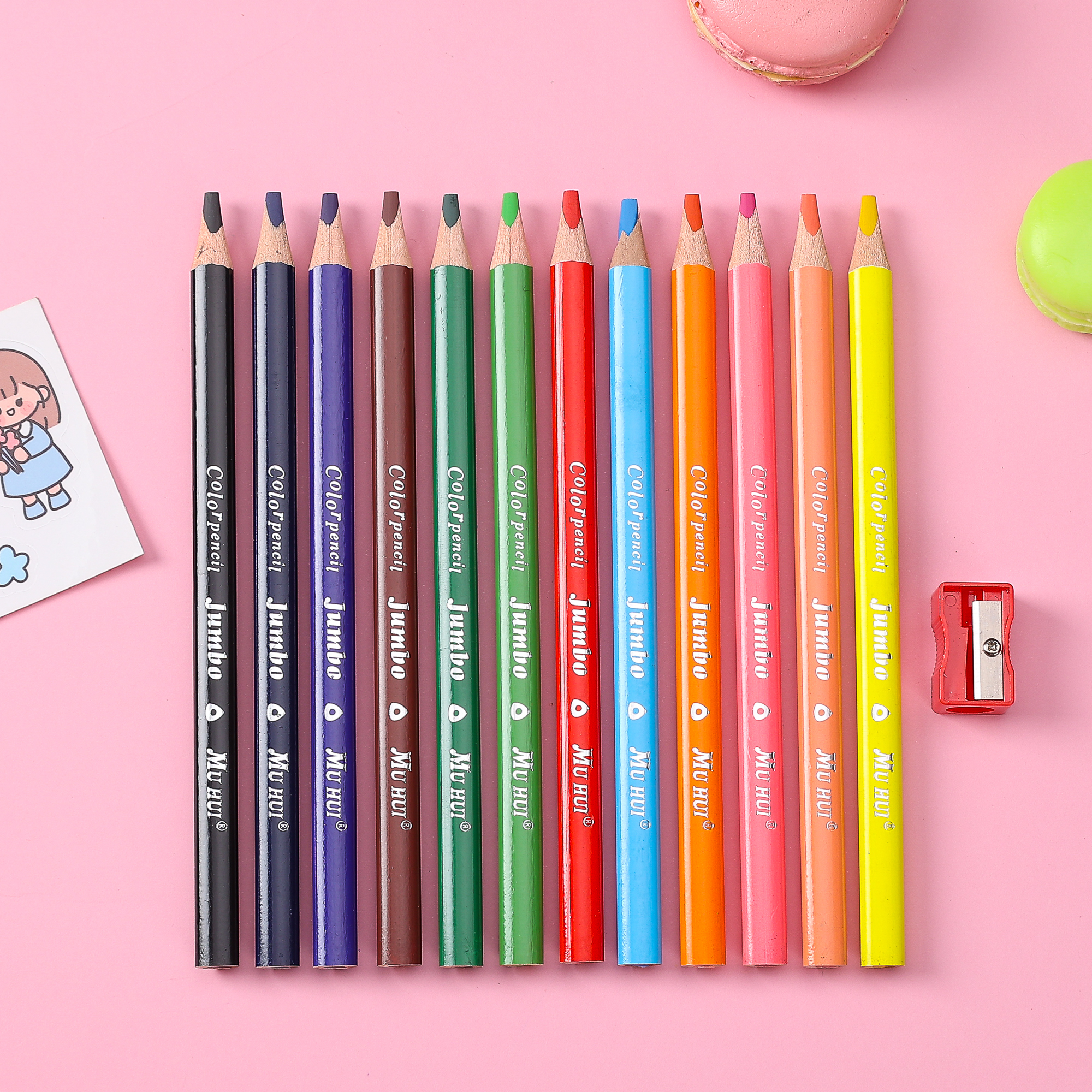 Muhui 12 color bold triangular pole softened wood 5.0mm lead pencil box packaging for children's writing and drawing