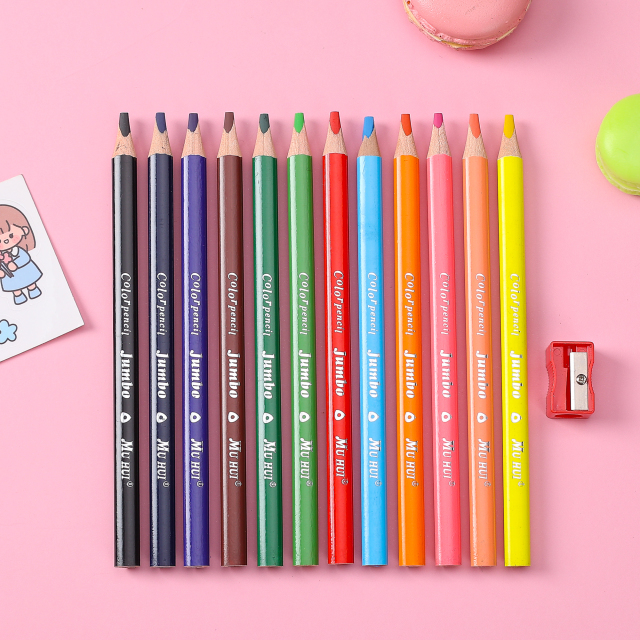 慕慧12色粗三角杆软木5.0mm铅芯铅笔盒包装，适用于儿童书写和绘画