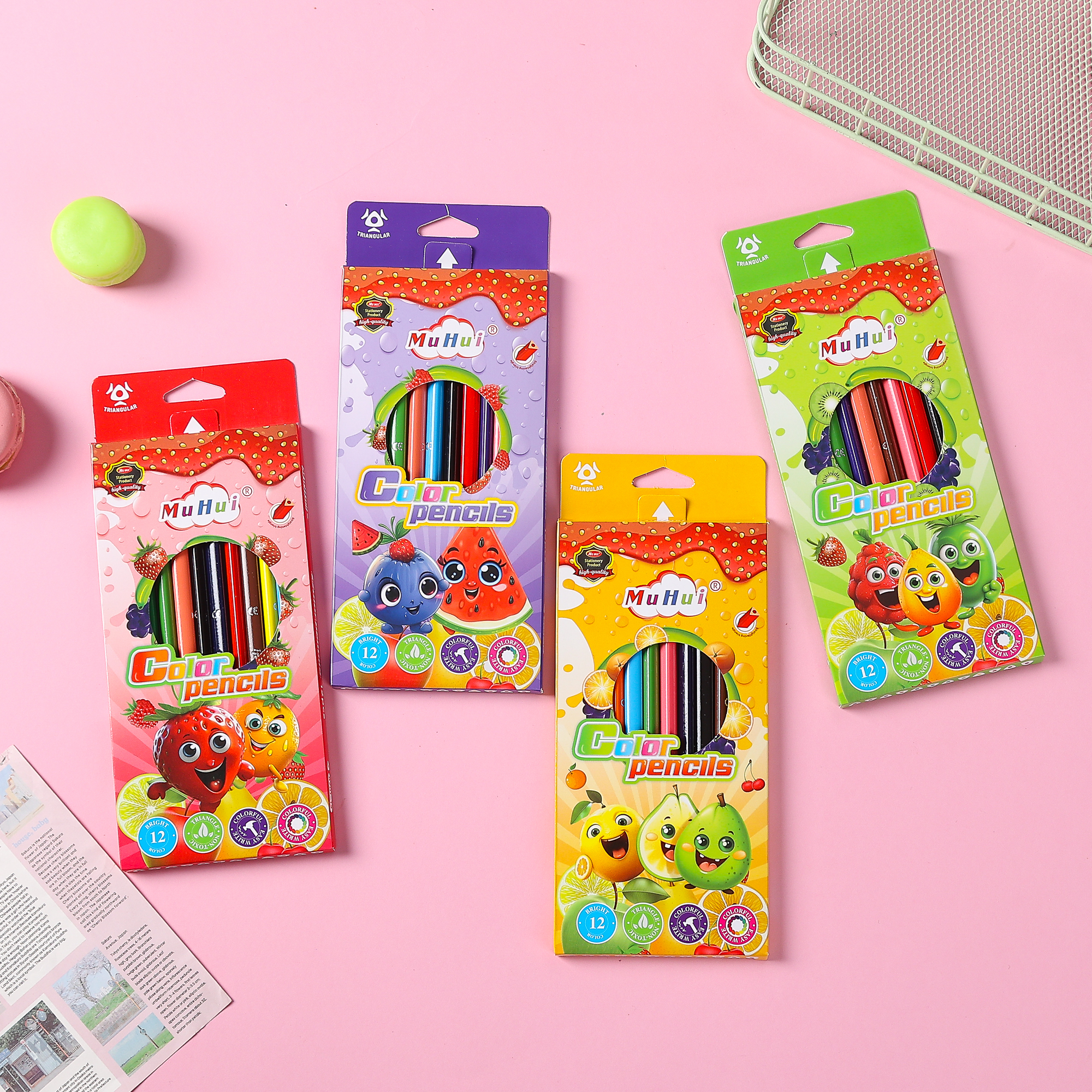 Muhui 12 color triangular pole softened wood advanced core children's writing and painting color lead cartoon fruit color box packaging