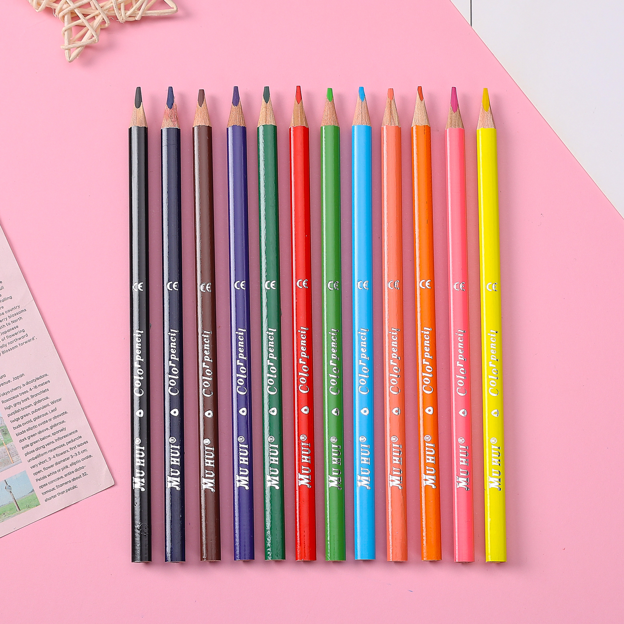 Muhui 12 color triangular pole softened wood advanced core children's writing and painting color lead cartoon fruit color box packaging