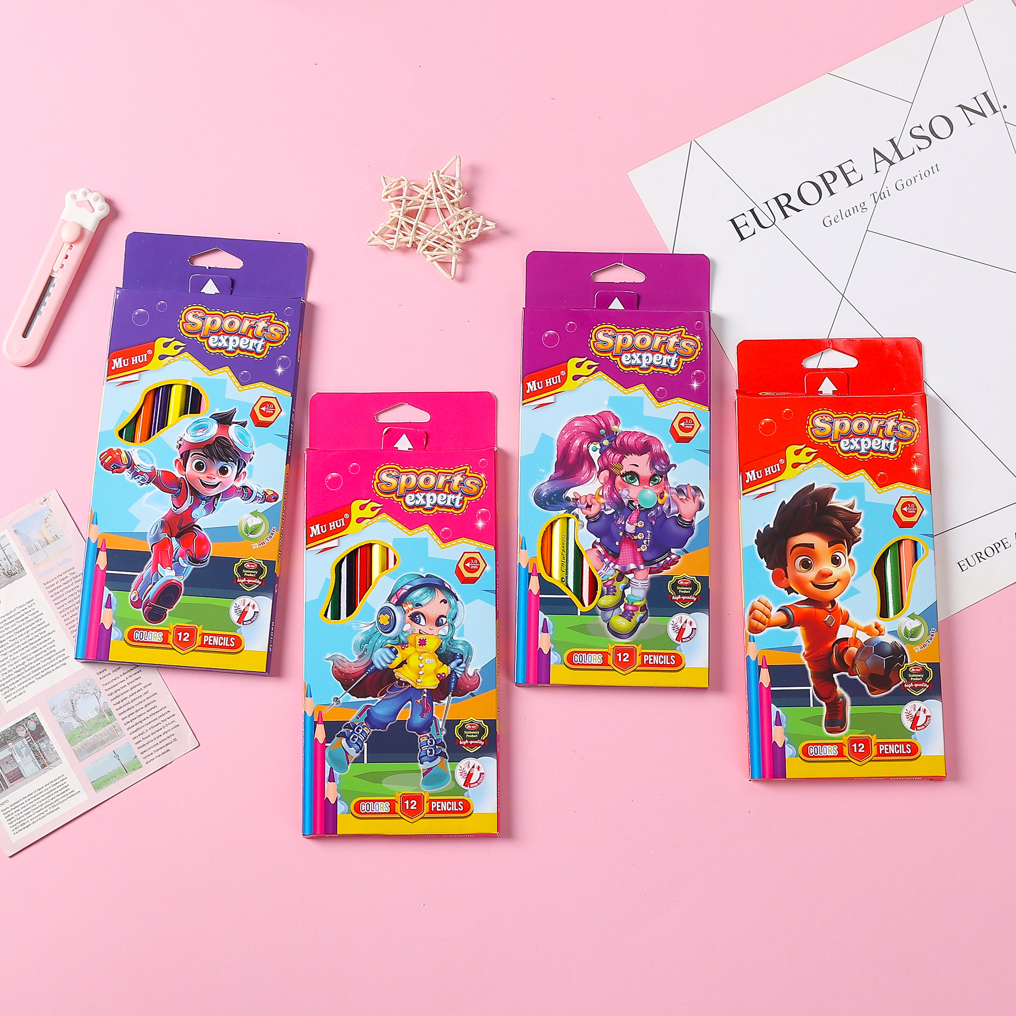 Muhui 12 color hexagonal pole softened wood advanced core children's writing and painting color lead four cartoon color box packaging