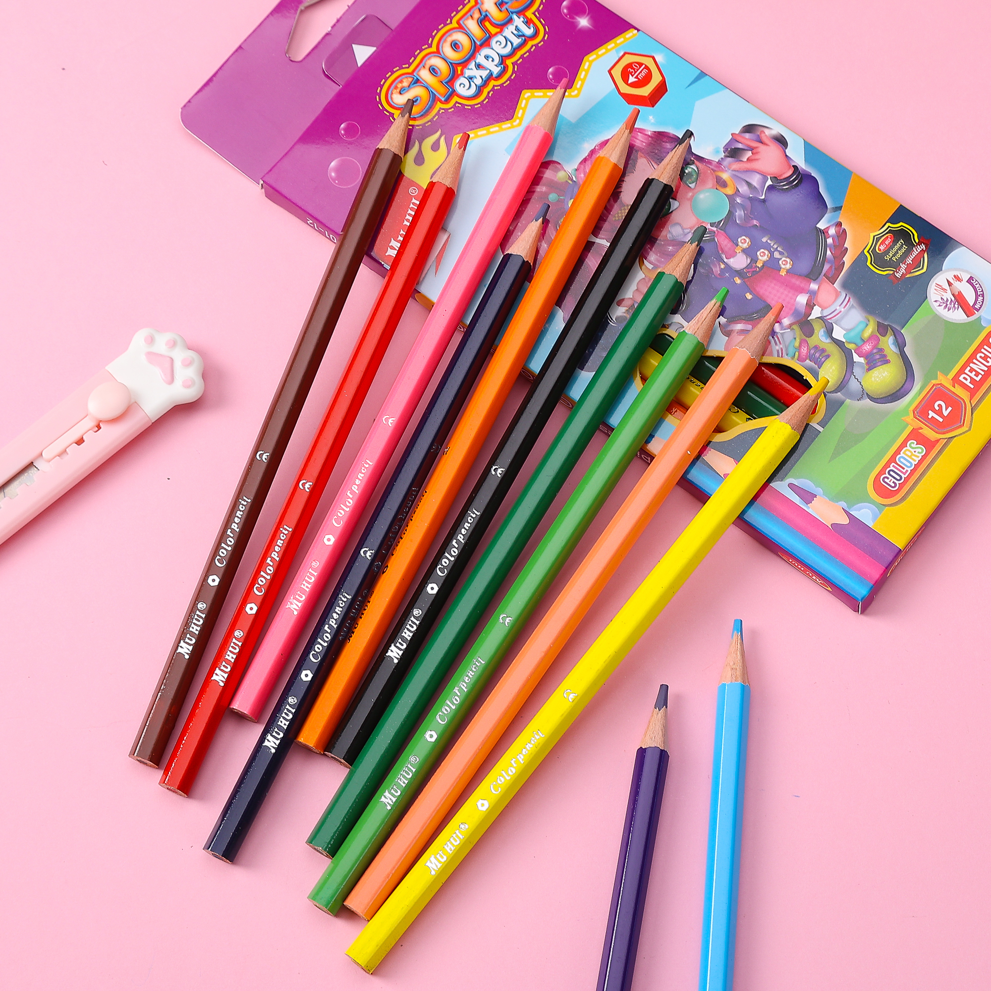 Muhui 12 color hexagonal pole softened wood advanced core children's writing and painting color lead four cartoon color box packaging