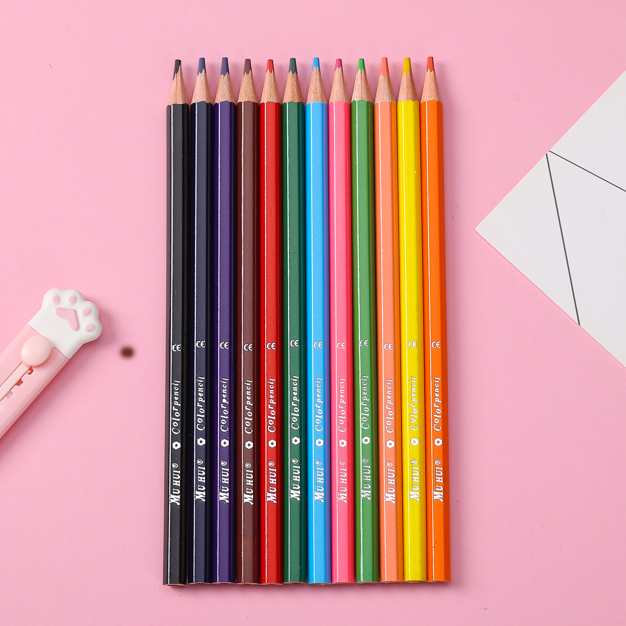 Muhui 12 color hexagonal pole softened wood advanced core children's writing and painting color lead four cartoon color box packaging