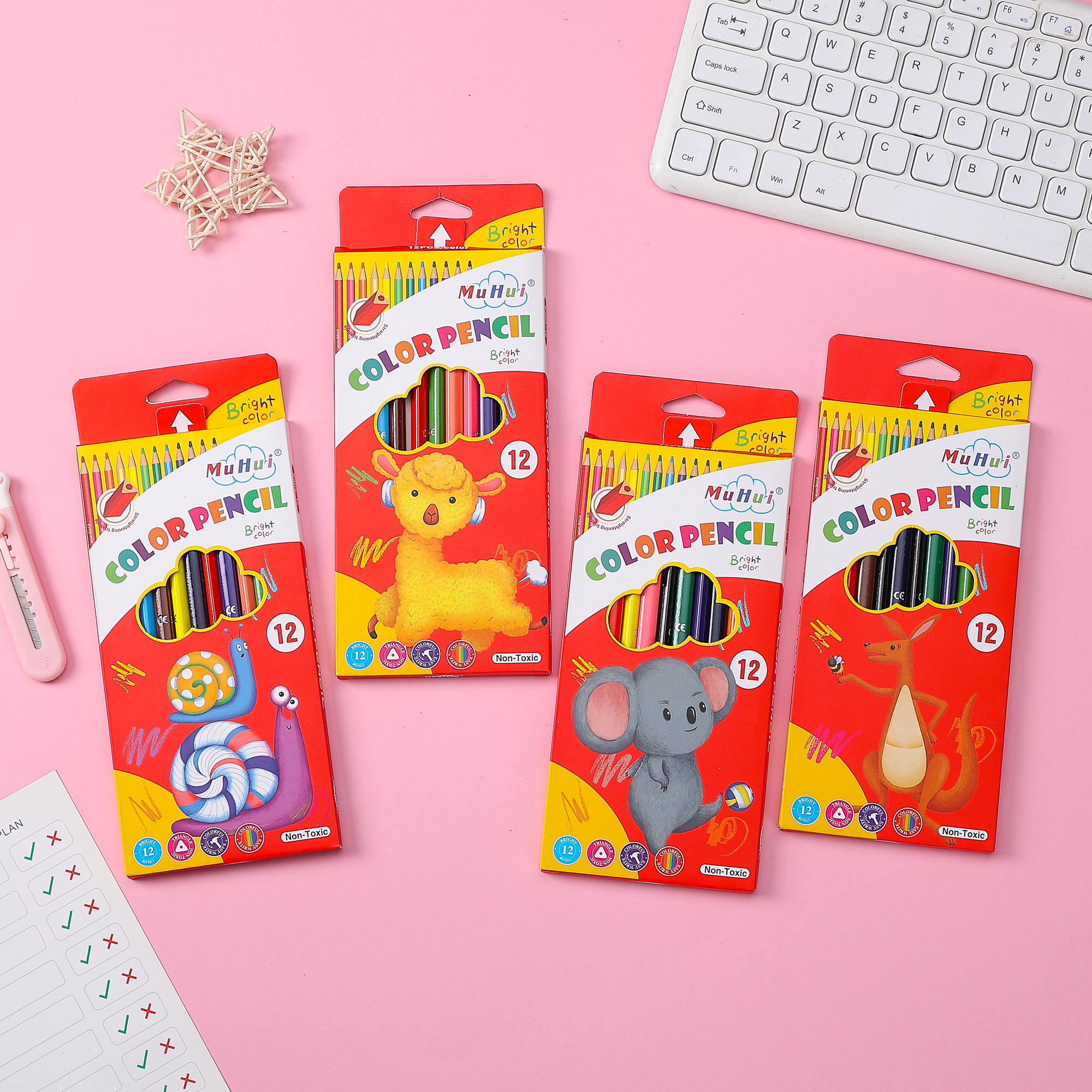 Muhui 12 color triangular pole softened wood advanced core children's writing and painting color lead cartoon animal color box packaging