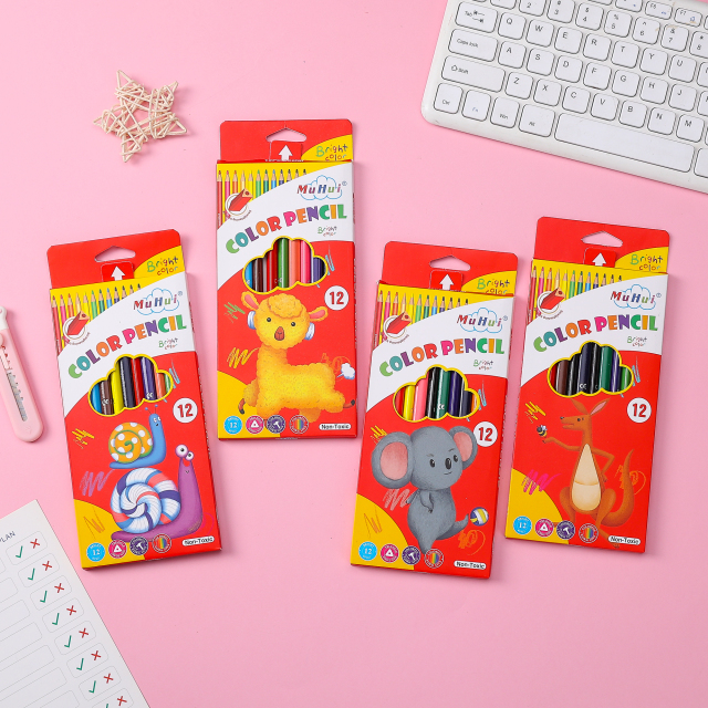 慕慧12色三角杆软木高级芯儿童书写绘画彩铅卡通动物彩盒包装