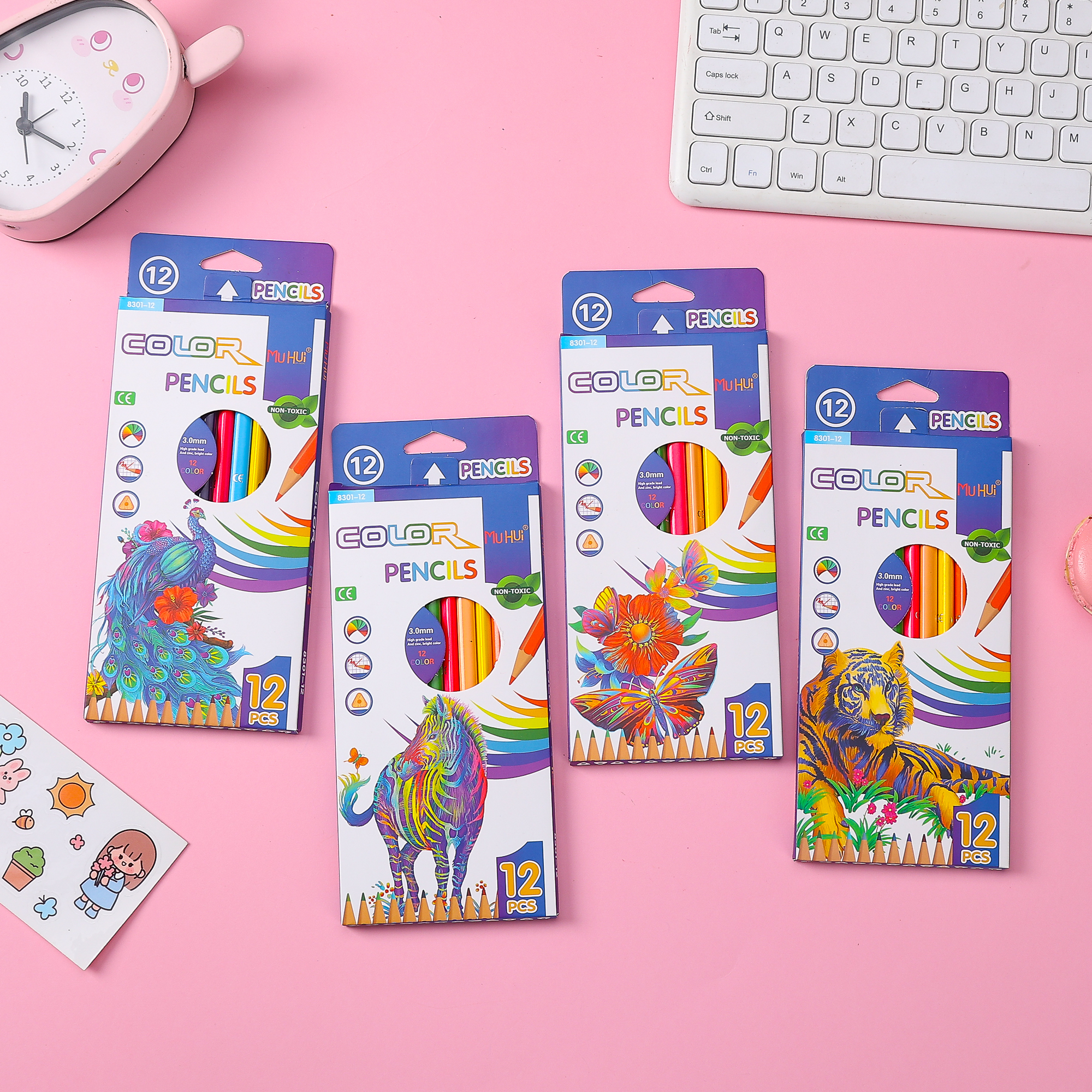 Muhui 12 color hexagonal pole softened wood advanced core children's writing and painting color lead four cartoon color box packaging
