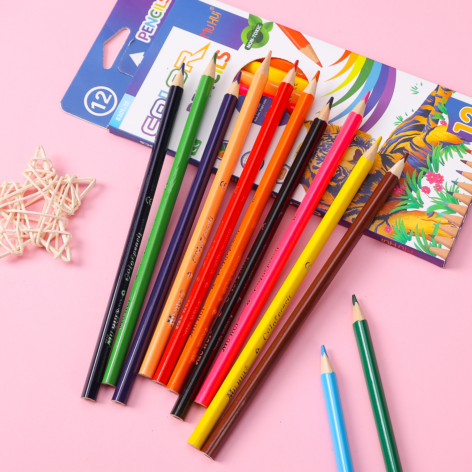 Muhui 12 color hexagonal pole softened wood advanced core children's writing and painting color lead four cartoon color box packaging