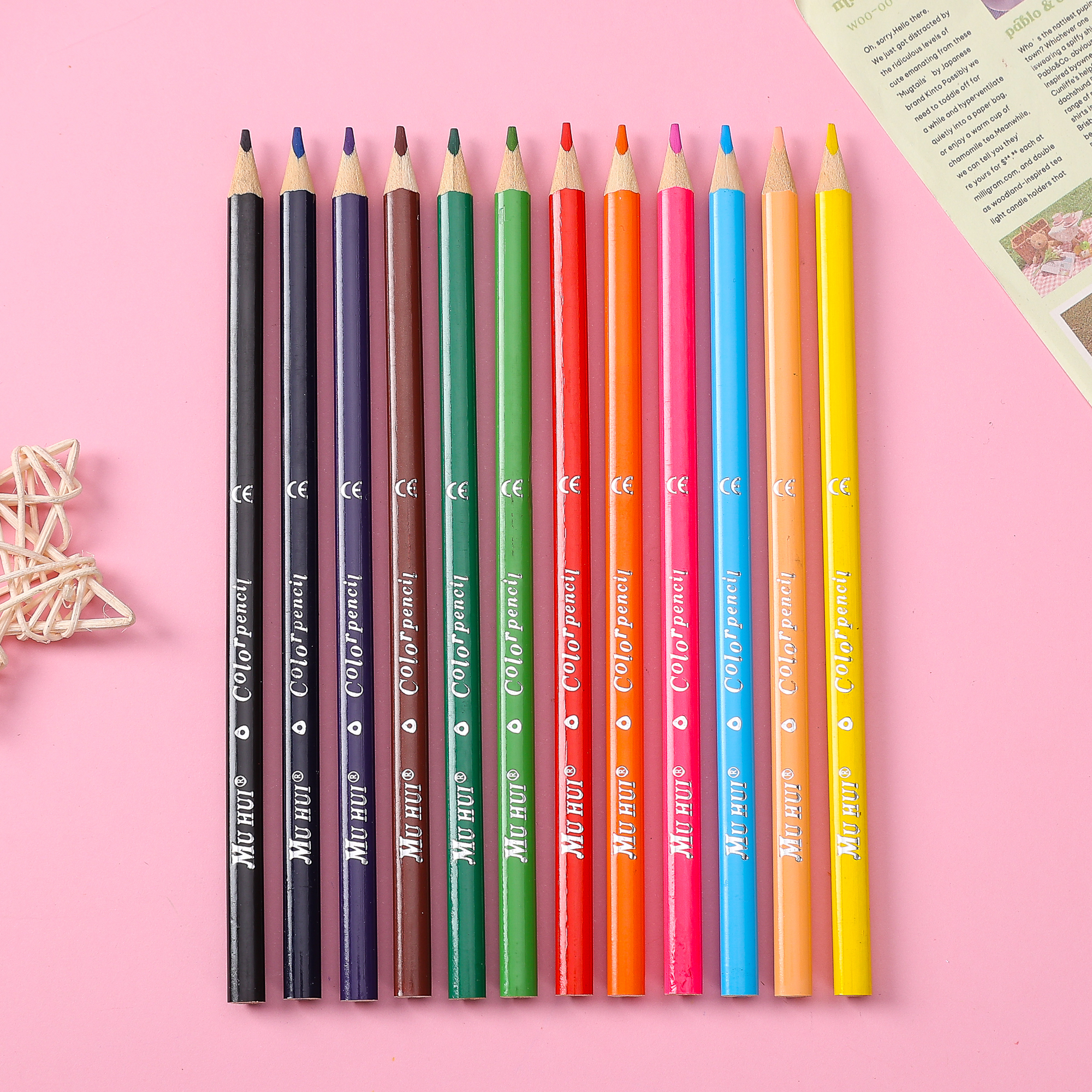 Muhui 12 color hexagonal pole softened wood advanced core children's writing and painting color lead four cartoon color box packaging