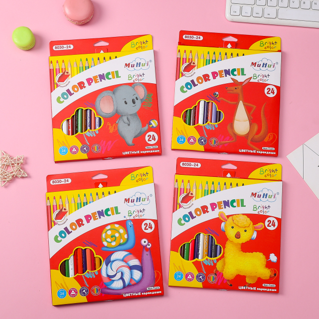慕慧24色三角杆软木高级芯儿童书写绘画彩铅卡通动物彩盒包装