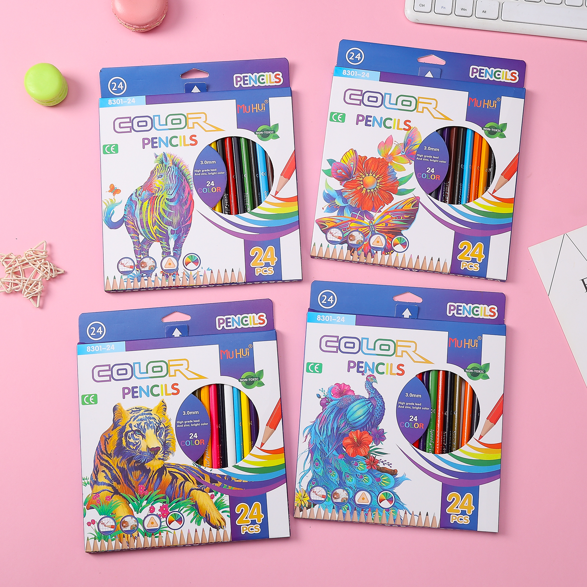 Poste hexagonal de 24 colores Muhui, madera suavizada, núcleo avanzado, escritura y pintura para niños, color plomo, cuatro cajas de colores de dibujos animados