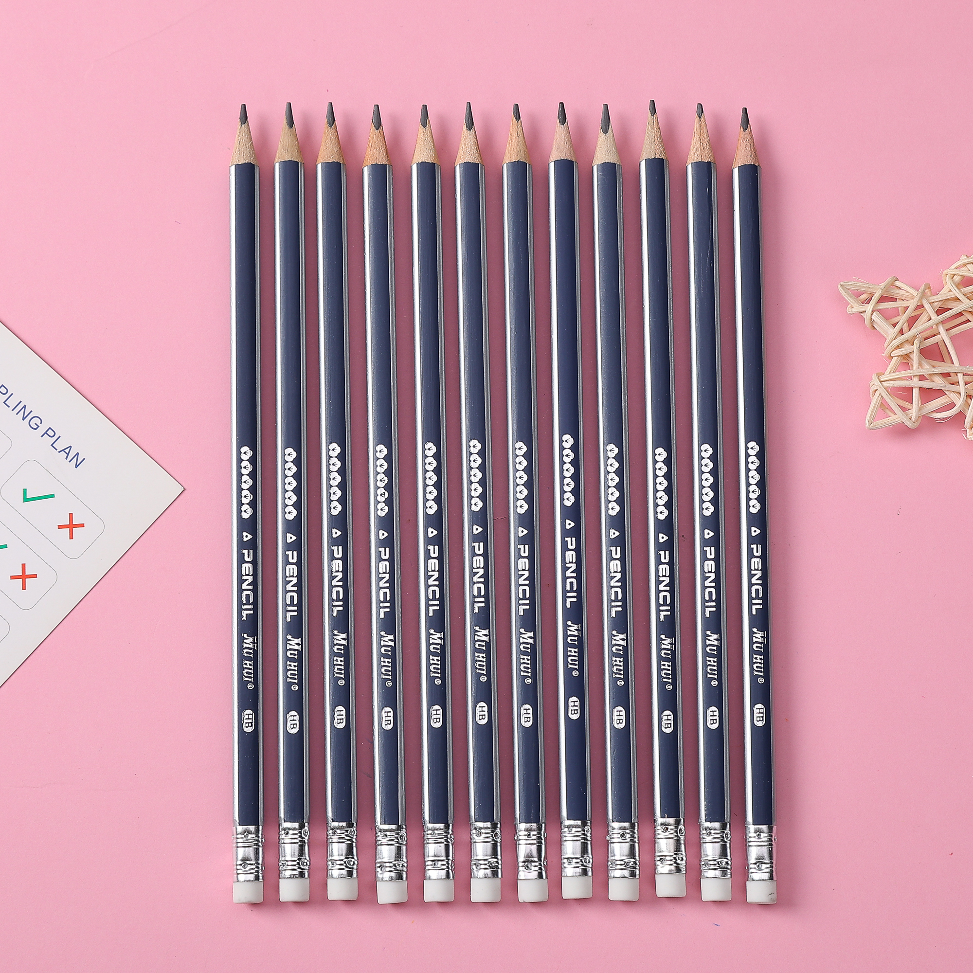 Muhui HB Softened Wood Hexagonal Rod Pulling Leather Head Pencil 12 Paper Boxes