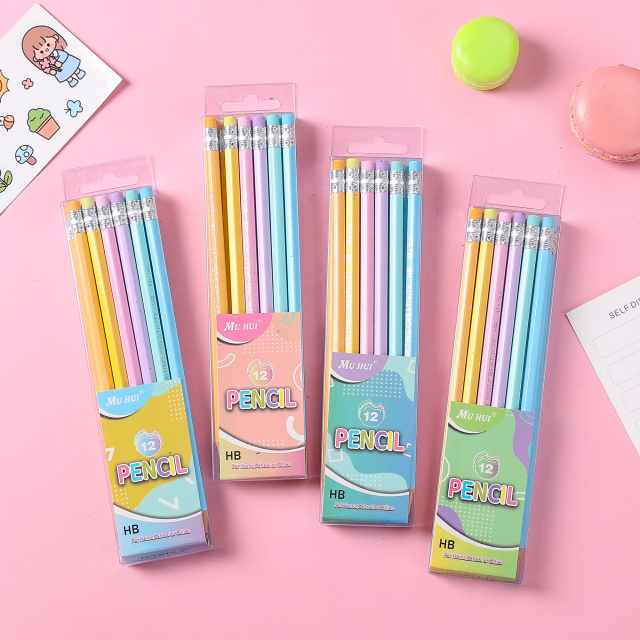 Lápiz troyano suavizante de varilla hexagonal Muhui HB, caja de 12 lápices de papel