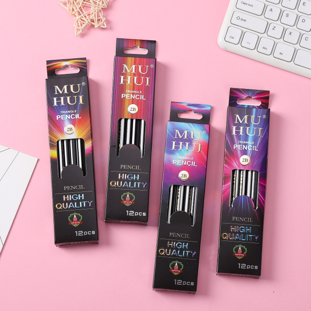 慕慧黑色2B三角杆杨木抽绳铅笔12个纸盒